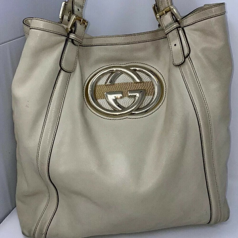 Gucci Cream Leather Britt Interlocking GG Large Shoulder Tote Bag - Picture 4 of 10